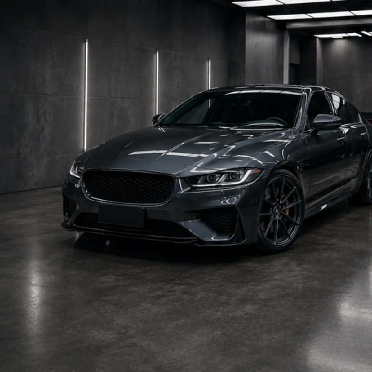 The finished sedan photographed front three-quarter under even studio lighting after detailing, matching the same car and studio bay shown throughout.