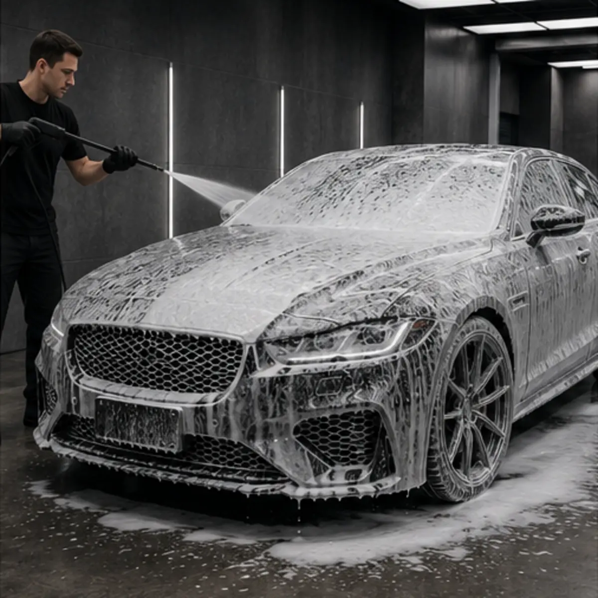 Thick white foam pre-wash coating the sedan's hood and grille while a technician in dark workwear rinses it with a foam lance.
