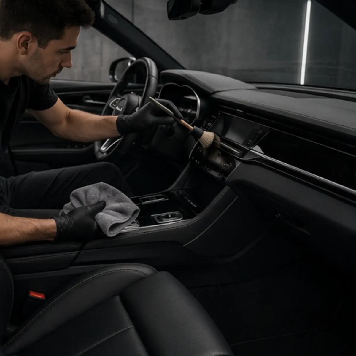 A gloved technician using a detailing brush and microfibre cloth to clean the sedan's black leather interior and dashboard.