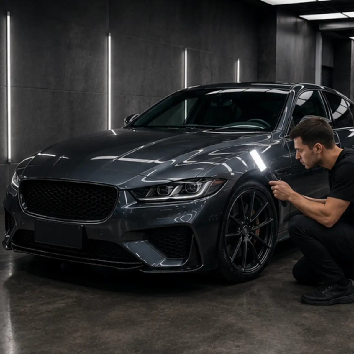 A technician kneeling beside the sedan's front fender, holding a handheld LED inspection lamp against the paint to check for swirl marks and surface defects before treatment.