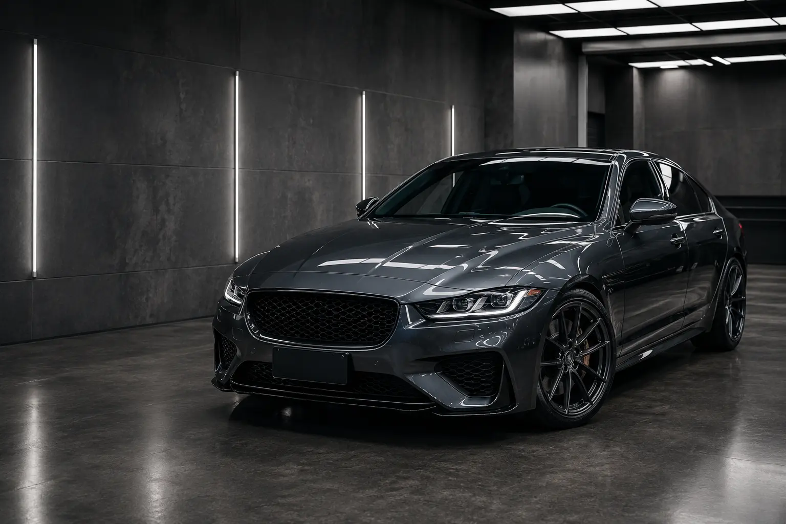 Dark grey sports sedan parked front three-quarter in the KILAU Auto Studio bay, under linear white inspection lighting against dark grey walls.